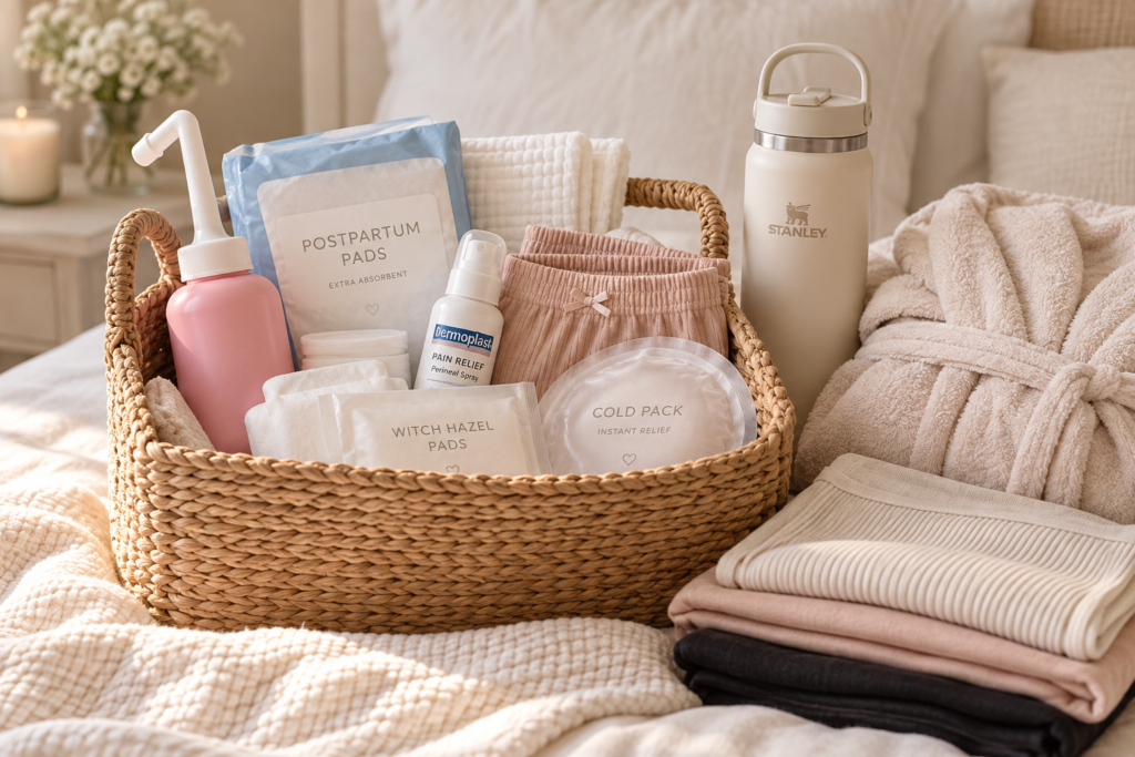 Postpartum essentials for first-time moms including recovery supplies, peri bottle, pads, and comfortable clothing
