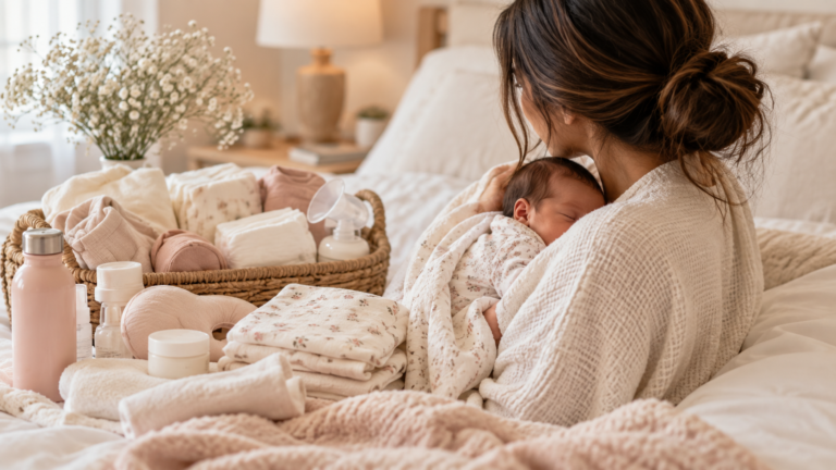 Postpartum essentials for first-time moms during recovery with newborn baby
