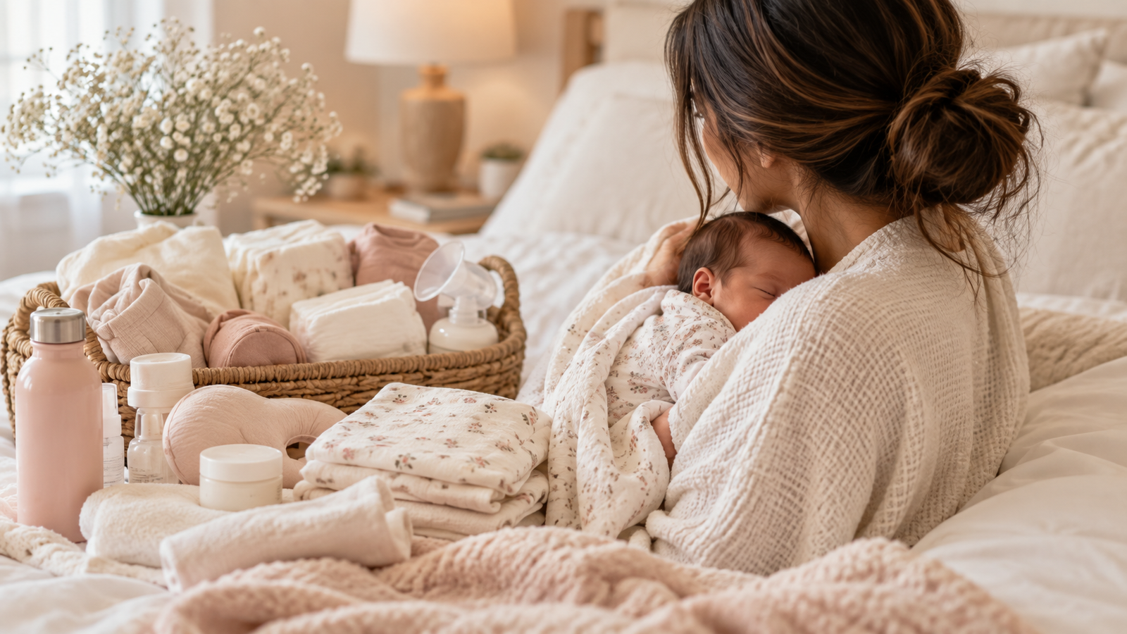 Postpartum essentials for first-time moms during recovery with newborn baby