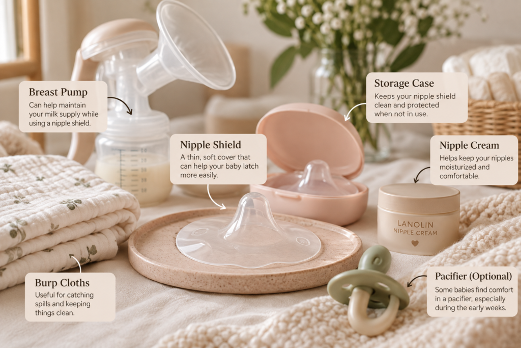 Nipple shield for inverted nipples and breastfeeding essentials