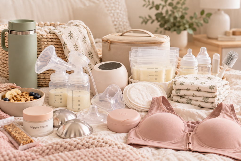 Breastfeeding essentials for first time moms including pumping and nursing supplies